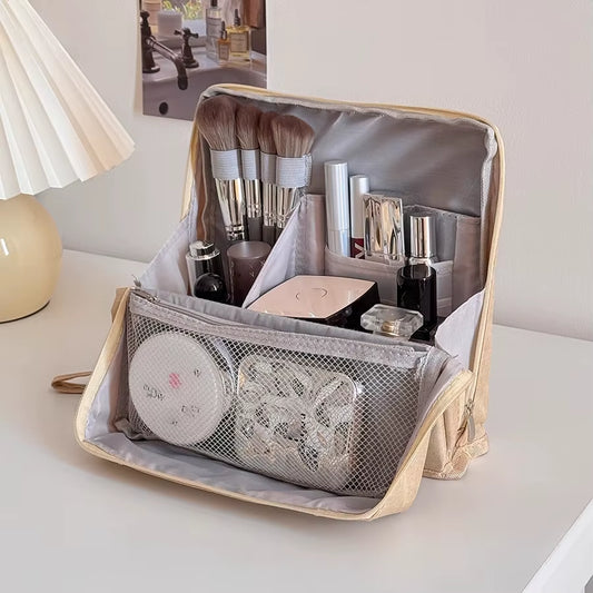 Vertical Makeup Bag Standable Large Capacity Skincare Storage Bag Partitioned Multi-Compartment Cosmetic Organizer Women